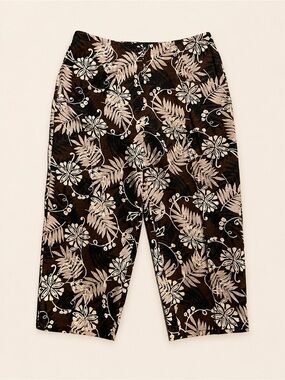 Vintage Deadstock 90s 100% Silk Brown Tropical Floral Cropped Capri Pants Resort